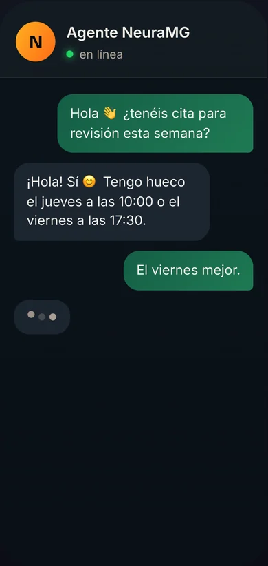Conversación de WhatsApp atendida por un agente de NeuraMG que propone cita para el jueves o el viernes