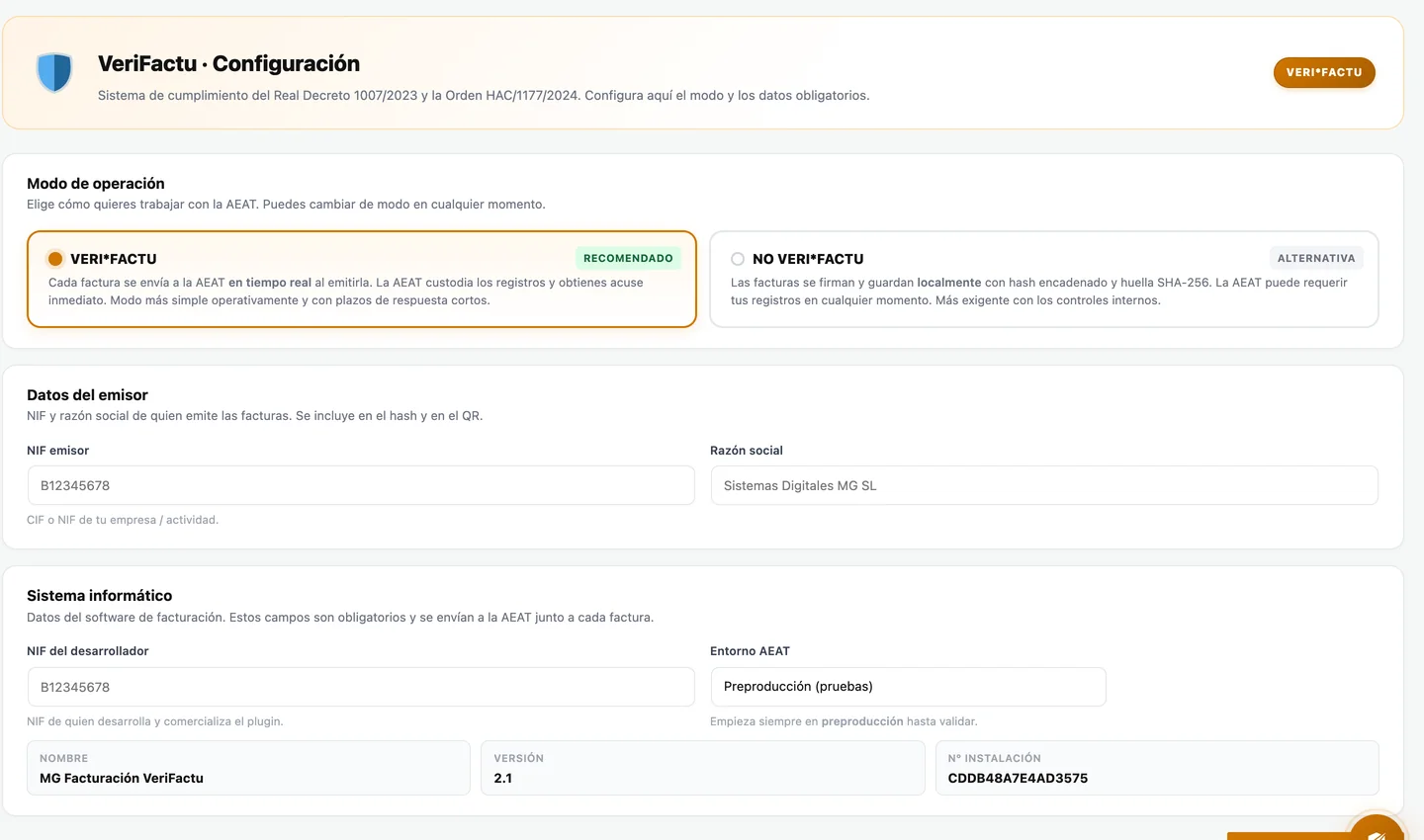 Configuración Verifactu de MG FactuVeri con el modo de envío a la AEAT, el NIF del emisor y los datos del sistema informático