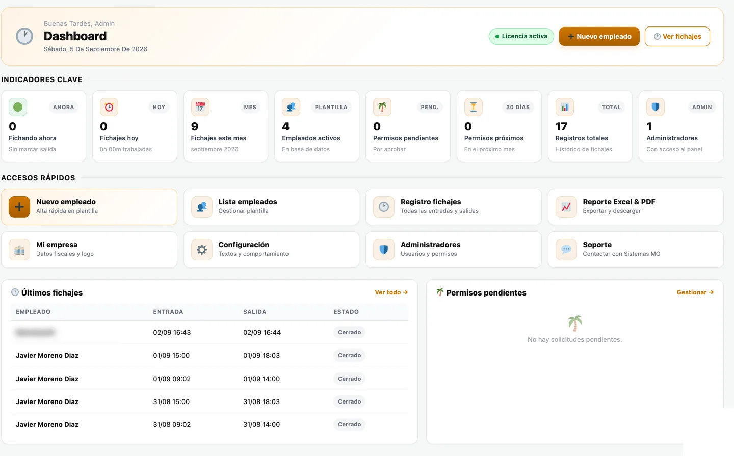 Panel de MG Control Horario con los indicadores del mes, los accesos rápidos y los últimos fichajes